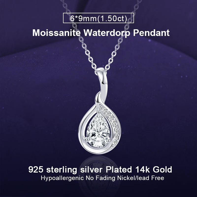 

IOGOU Teardrop-shaped Button Pendant Necklace Inlaid 6x9mm 1.5CT Pear Cut Moissanite Diamond 925 Silver Fine Jewelry for Women