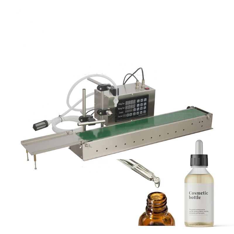 table top digital control electric small volume plastic bottle water cosmetic liquid oil filling machine with conveyor auto