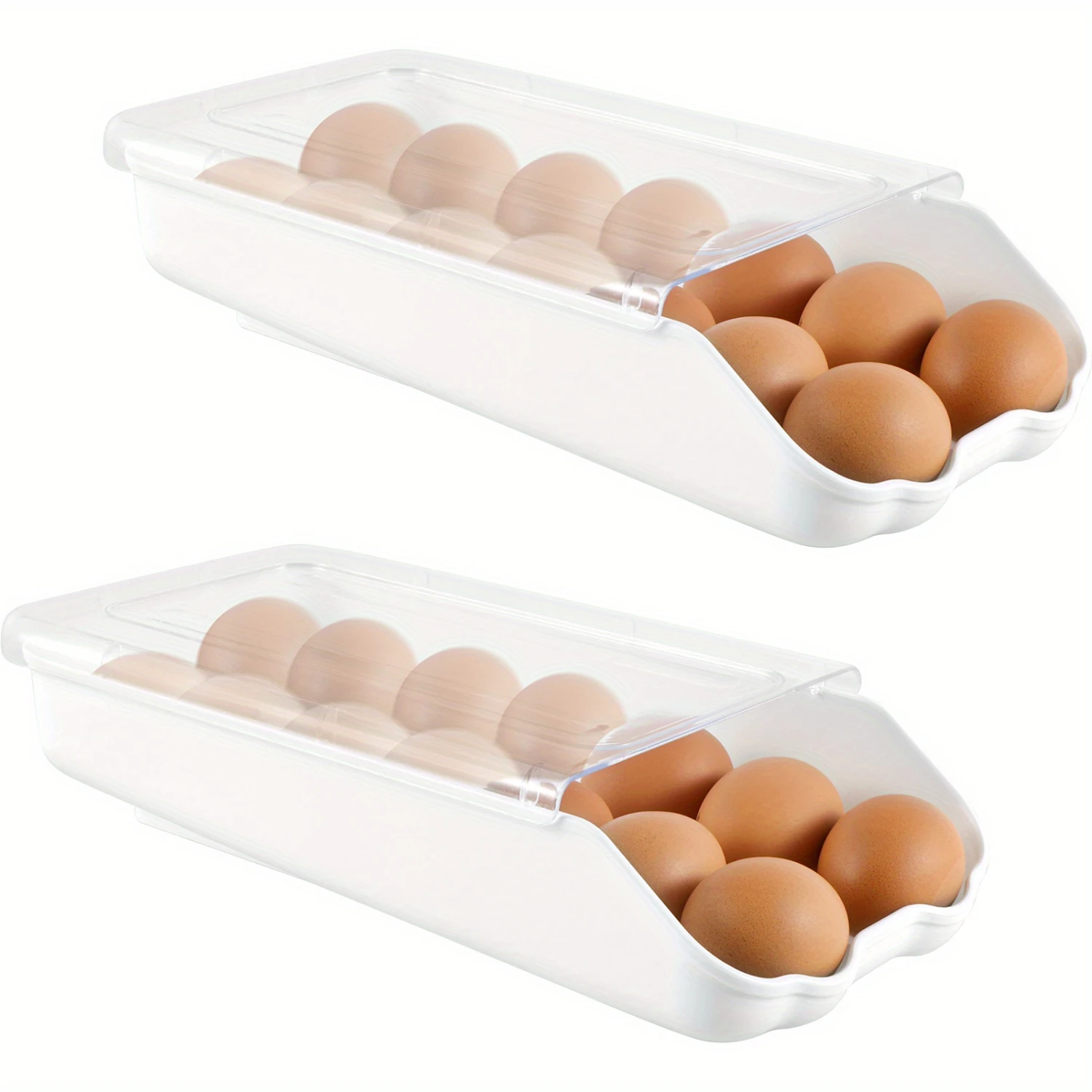 2Pcs Modern Style Egg Holder for Refrigerator - 34 Egg Capacity, 2 Tier PS Polystyrene Egg Dispenser with Lid, Automatic Rolling