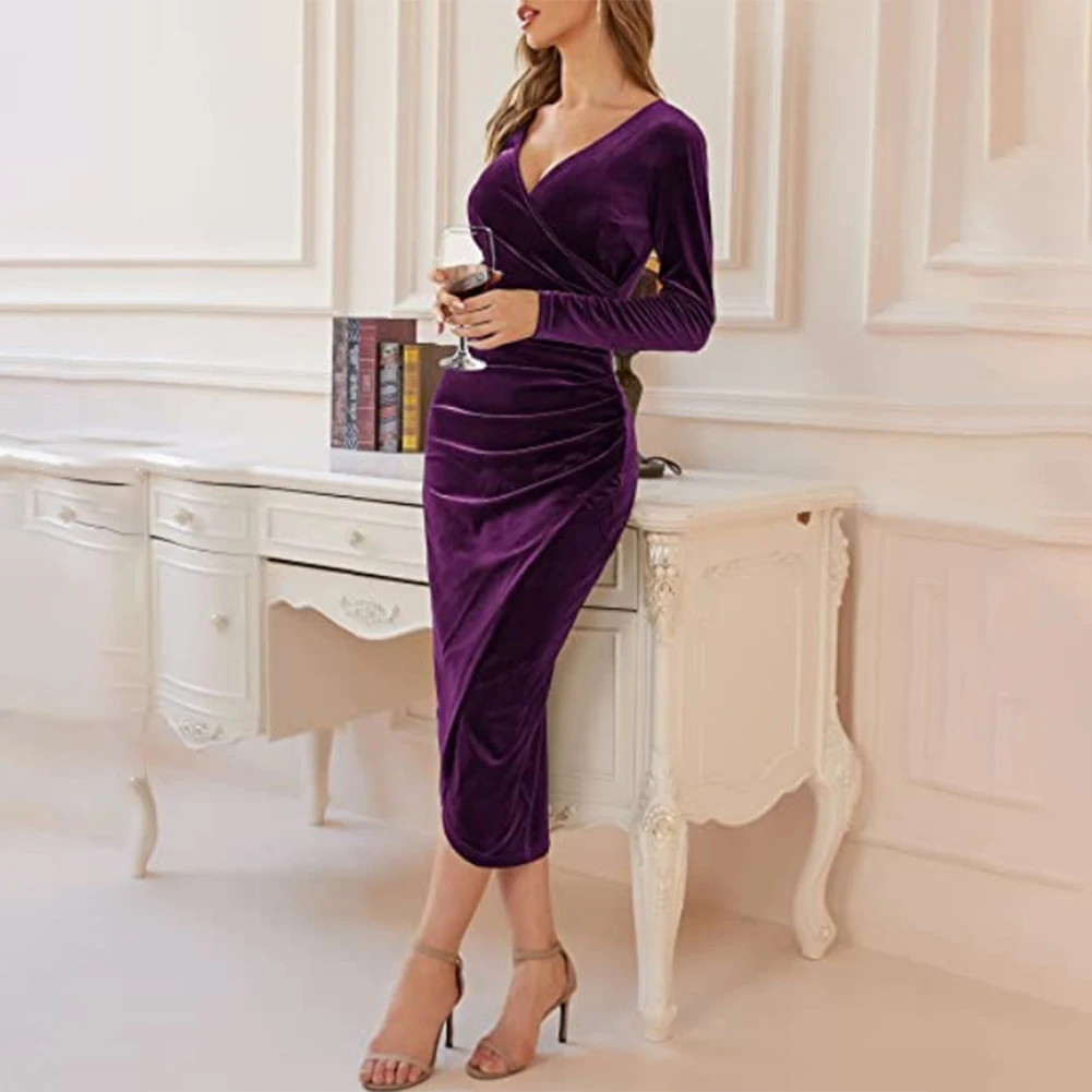 Primavera autunno velluto aderente nero Maxi vestito per le donne manica lunga increspato Slim Fit abito da sera festa femminile Clubwear Vestidos