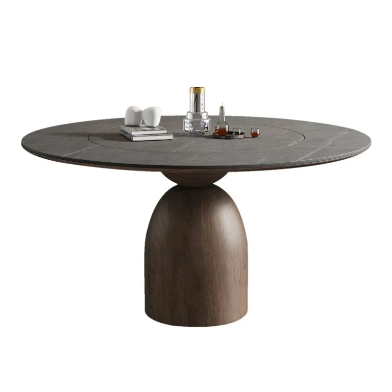 

New rock slab dining table round inlaid turntable retro home dining table Italian modern simple solid wood round