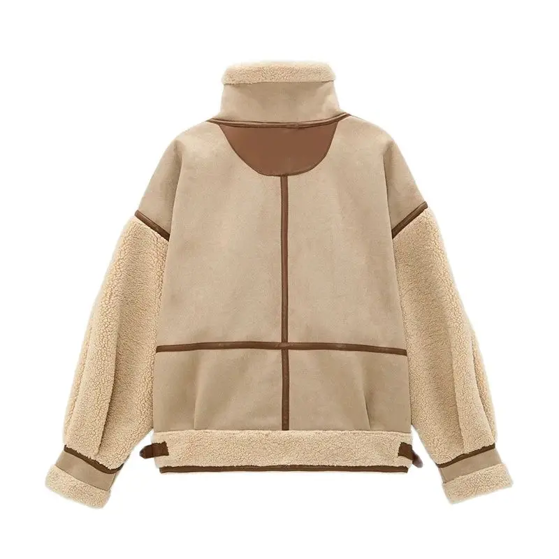 RZRA 2024 Autumn Winter Women Warm Faux Fur Fleece Coat Jacket Female Loose Patchwork Thickened Locomotive Lapel Chic Outwear