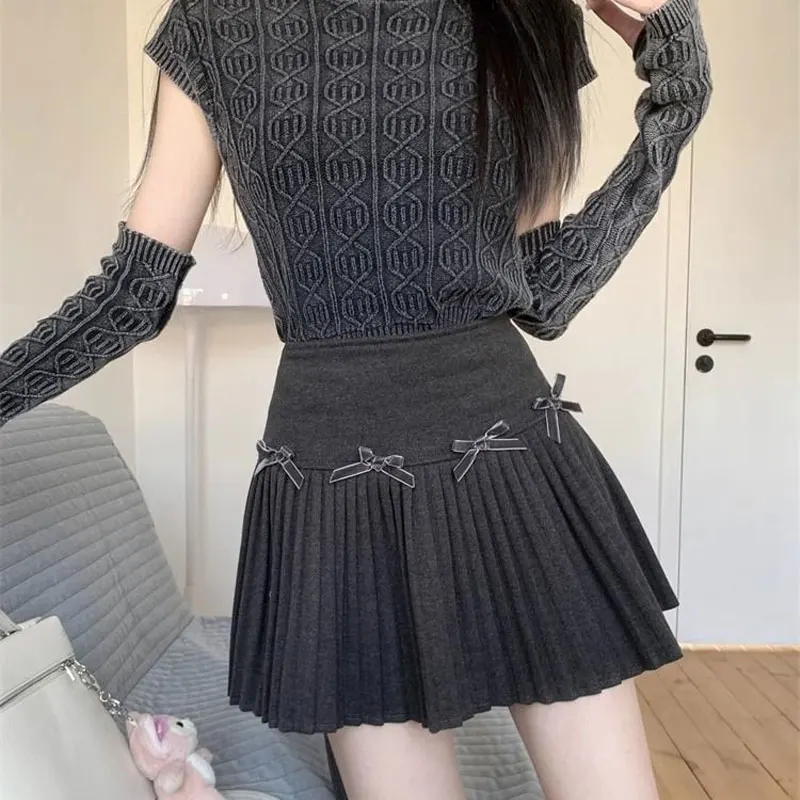 Sweet Bow A-Line Pleated Skirts Korean Female Clothing High Waist Zipper Spring Autumn Winter Hotsweet Solid Color Mini Skirts