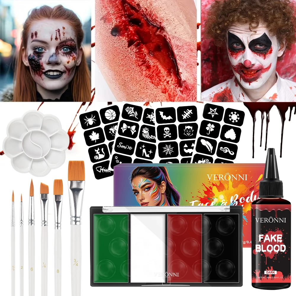 4 colors Professional Rainbow Stripe Paint Set with Brushes, Face Body Painting Palette Fake Blood, Christmas Halloween Cosplay