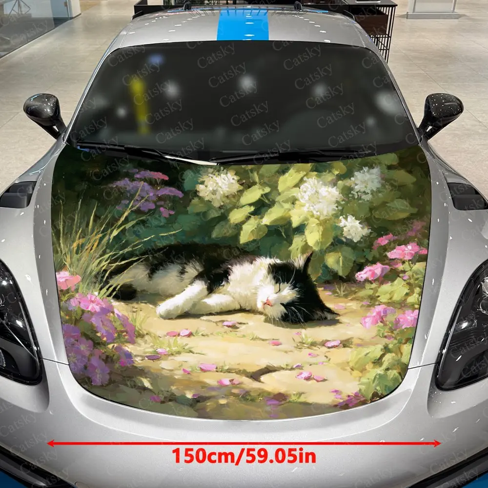 The Cat In The Garden Car Hood Decal Sticker, Self-adhesive Durable Car Accessories, Waterproof And Scratch-resistant