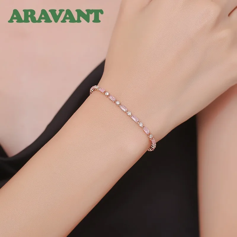 ARAVANT 925 Silver 4mm Pink Long Square Zircon Bracelets Chains For Women Girls Fashion Jewelry