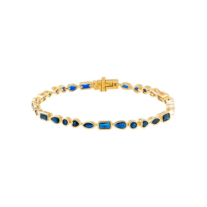 

Blue Red White 3 Color Geometric Various Shaped Bezel Cubic Zirconia CZ Tennis Bracelet Gold Color Jewelry