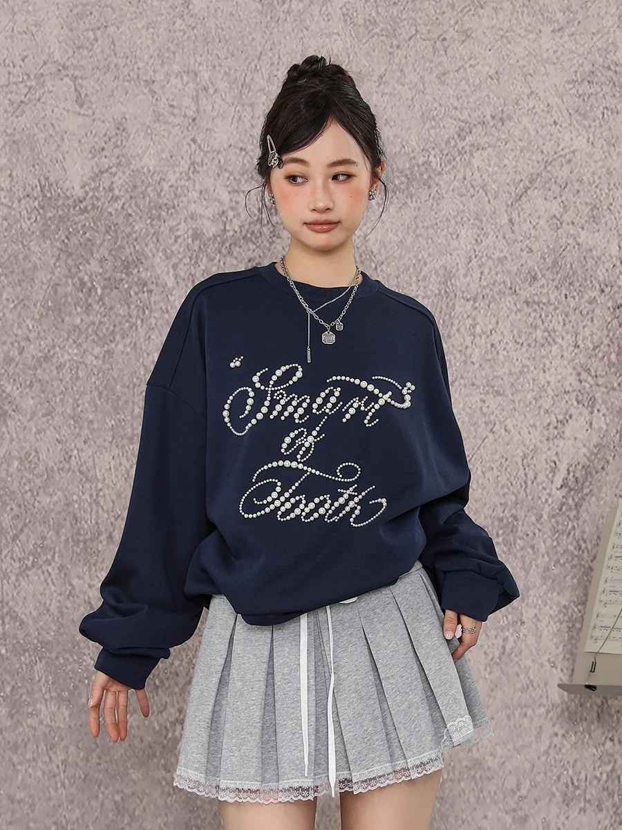 Korean Lazy Casual Style Hot Diamond Beads Round Neck Long Sleeve Loose Versatile Sweet Pullover Sweatshirts Women Tops Autumn