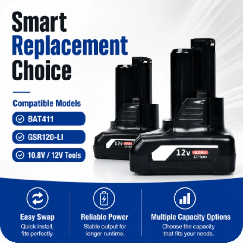 3AH-6AH Replaces  Lithium Battery for Bosch 12v/10.8V Gsr120 Li Handheld Drill Battery BAT411 Rechargeable Battery Pack