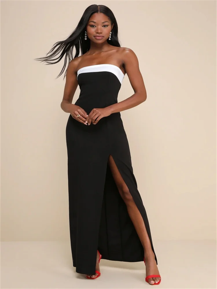 

New Arrival Strapless Neckline Sleeveless Straight Evening Dress Elegant Open Back Zipper Floor Length High Slit Gown For Women