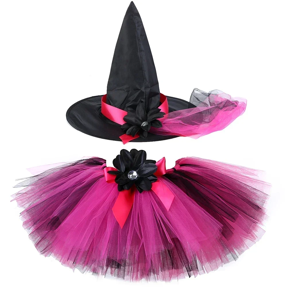 Pink RoseRed Tutus Layers Baby Girls Witch Tutu Skirt Party Dance Kids Fluffy Tulle Skirts Girls Halloween Tutu Costume with Hat