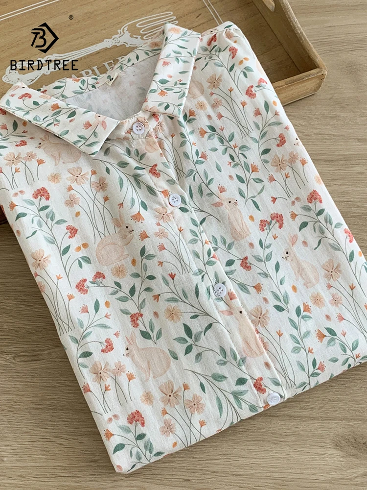 

Новинка 2025, осенняя рубашка с длинными рукавами из хлопковой пряжи, женская рубашка с отложным воротником и кроликом, милая повседневная свободная блузка Mori Girl T58286CC