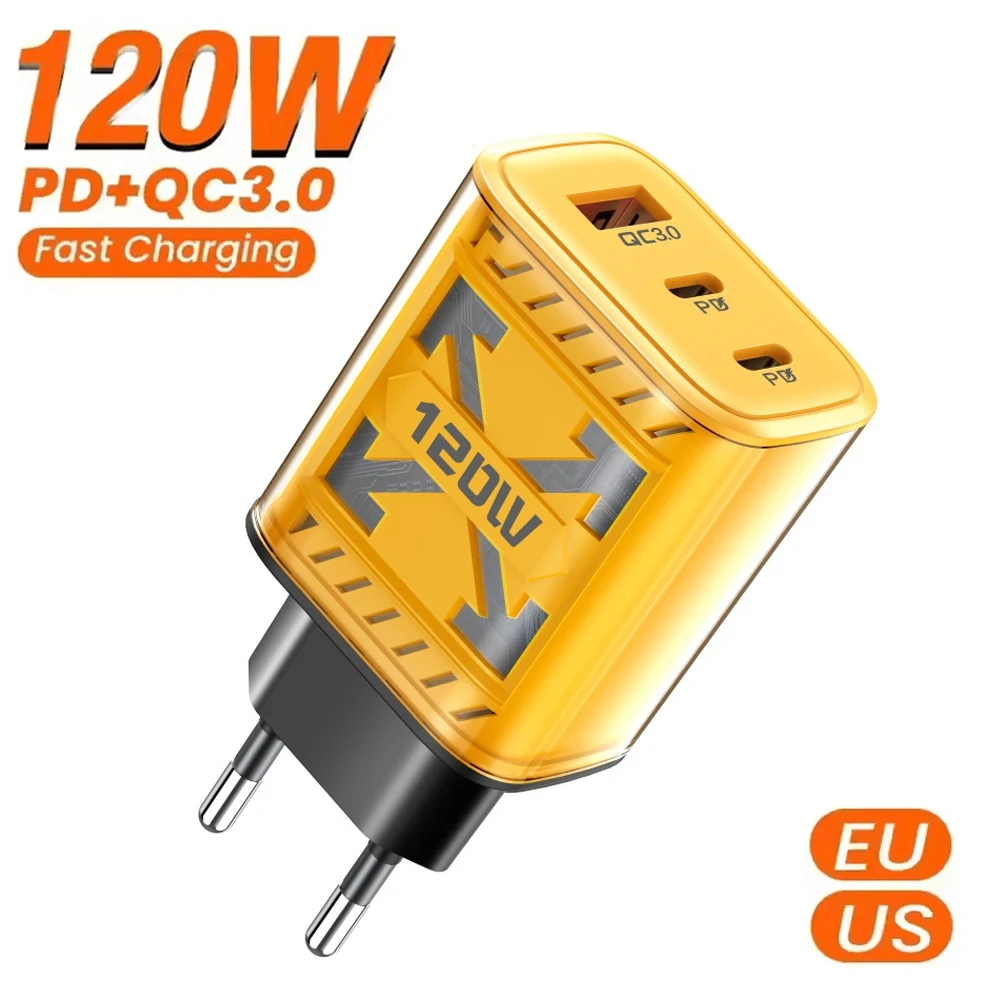 120W 3 Ports USB Charger Fast Charging EU/US Plug Power Adapter For iPhone Samsung Xiaomi Huawei Phone QC3.0 Type C Wall Charger