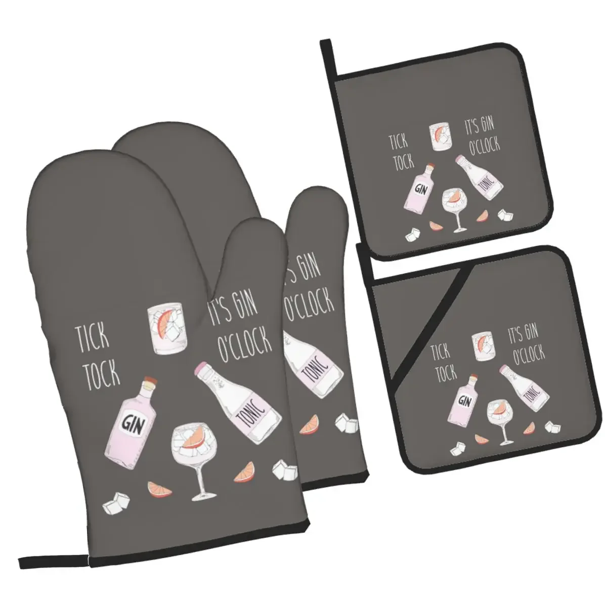 

Gin O'clock Gin Lover Gi Oven Mitts and Pot Holder Sets of 4 for Baking Kitchen Cooking BBQ Resistant Non-Slip Gloves