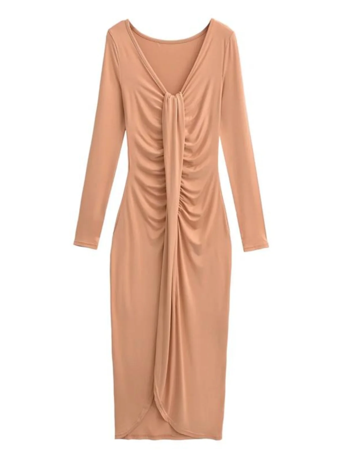 

Sexy Slim Fit Wrap Dr V-Ne Long Sve High Waist A-Line Skirt Pure Color High Waist Knot Pleated Slimming Bodycon Dr