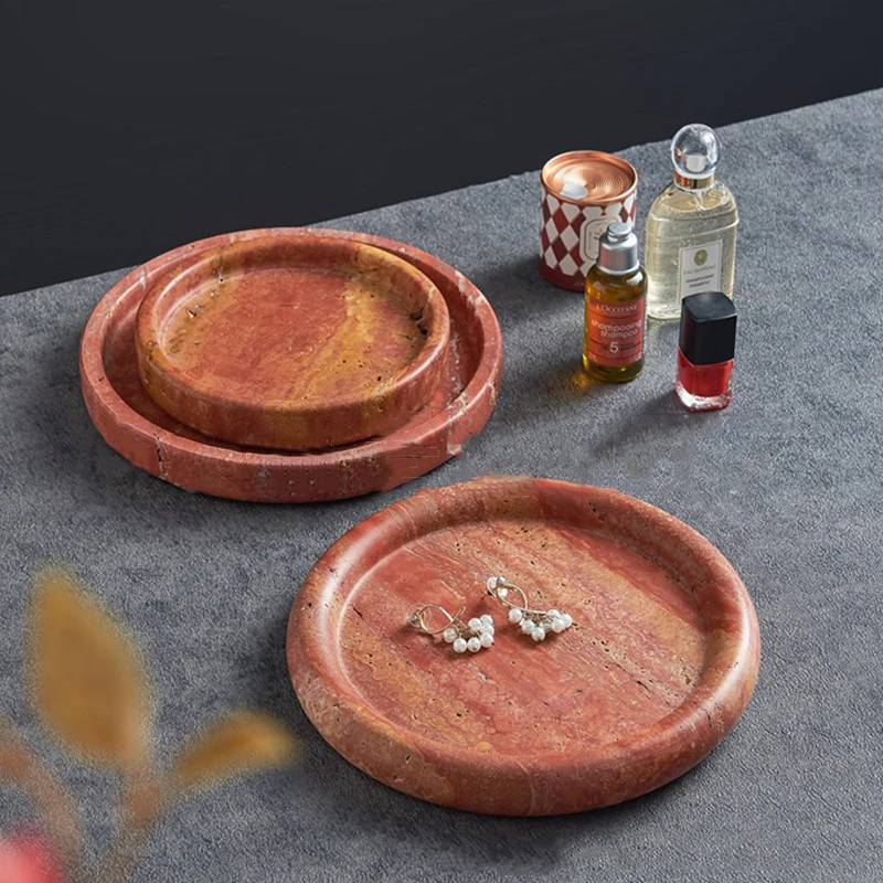 Aesthetic Natural Red Stone Round Tray for Furit Jewelry Ore Rock Stones Decorative Plate Handmade Home Living Room Decor Gifts