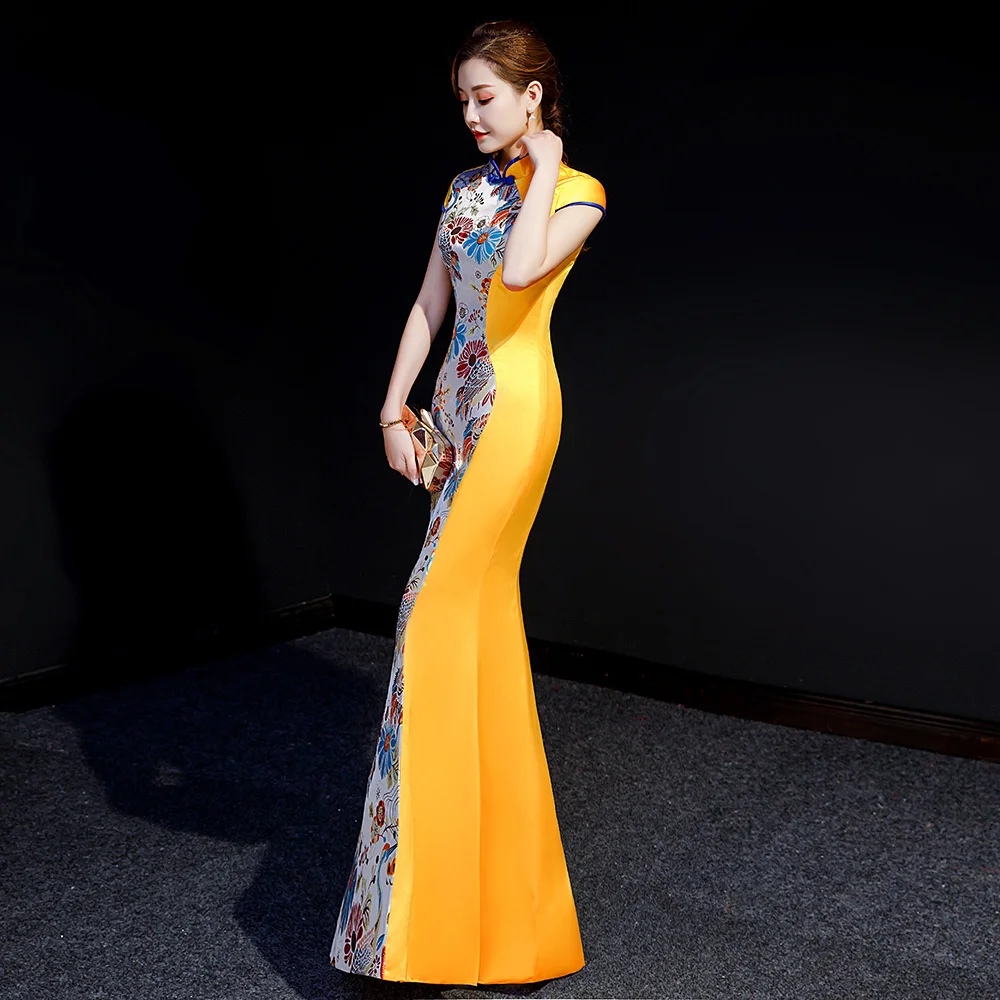 Sheng Coco Fishtail Cheongsam abito da sera ricamo cinese giallo modificato Cheongsam Walking Show Team Performance Dress