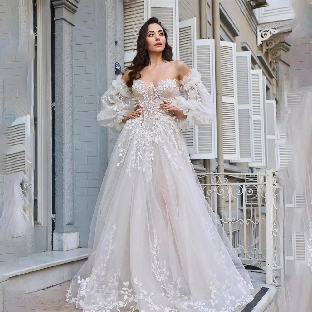 Abiti da sposa con spalle scoperte Colletto a cuore Abiti a trapezio senza schienale per le donne Lunghezza lavata Abiti da sposa personalizzati