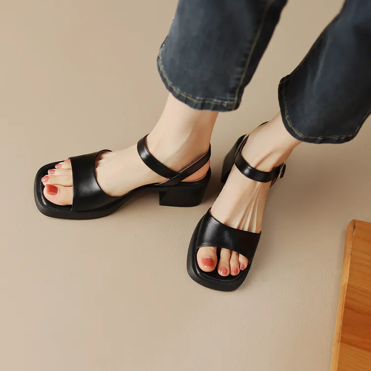 Buckle Strap Beige Heeled Sandals Comfort Shoes for Women 2024 Summer Open Toe Black Retro Block New Girls Low High Peep Square