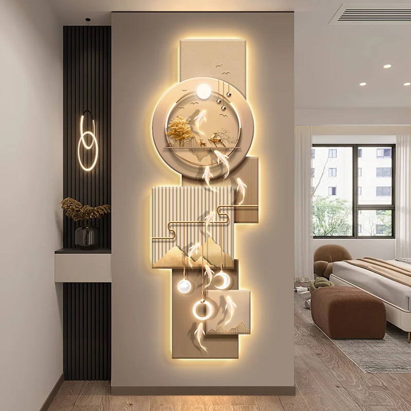 Entrance LED wall light, luxurious and abstract corridor passage with illuminated wall paintings, entrance door facing the wall