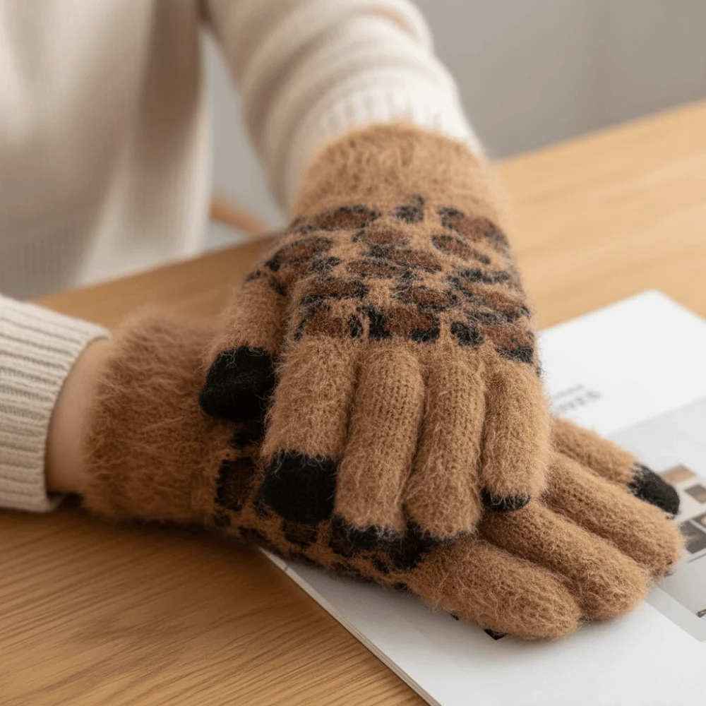 Warm Velvet Gloves Leopard Print Windproof Student Gloves Touch Screen Coldproof Skiing Gloves Gift