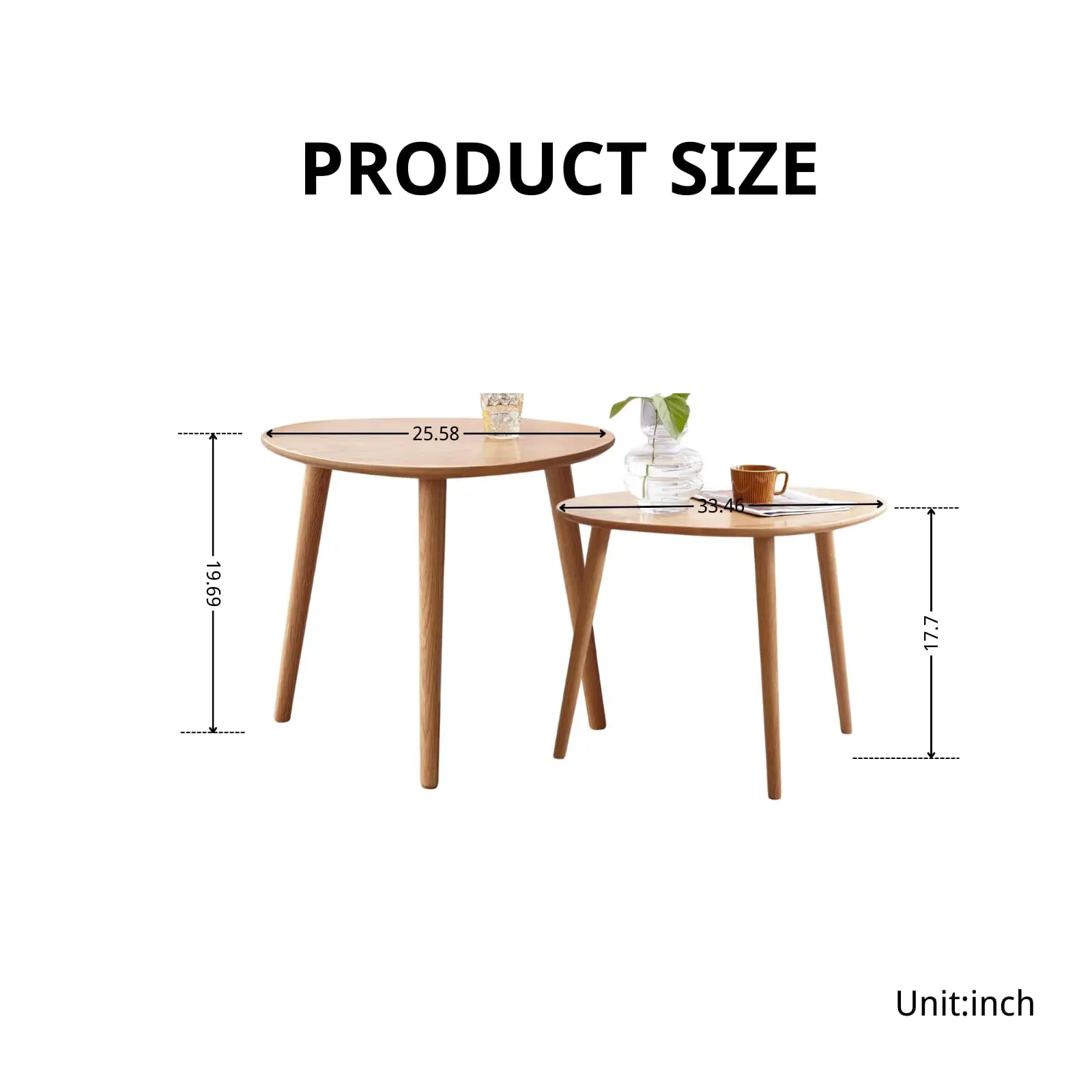 100% Solid Oak Wood Nesting Coffee Table, Small Oval Coffee Tables Set, Mid Century Modern Round Tables for Living