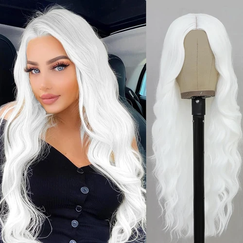 Pelucas onduladas largas de 26 pulgadas para mujer, peluca de pelo blanco de parte media, peluca sintética resistente al calor para disfraz de cosplay de Halloween