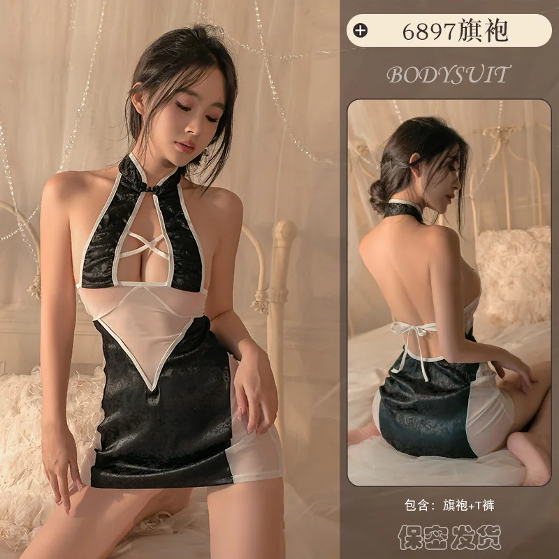 Cheongsam chinois classique Sexy, poitrine ajourée, Lingerie Qipao, uniforme de Cosplay, col licou, dos nu, Slim, Mini robe de boîte de nuit