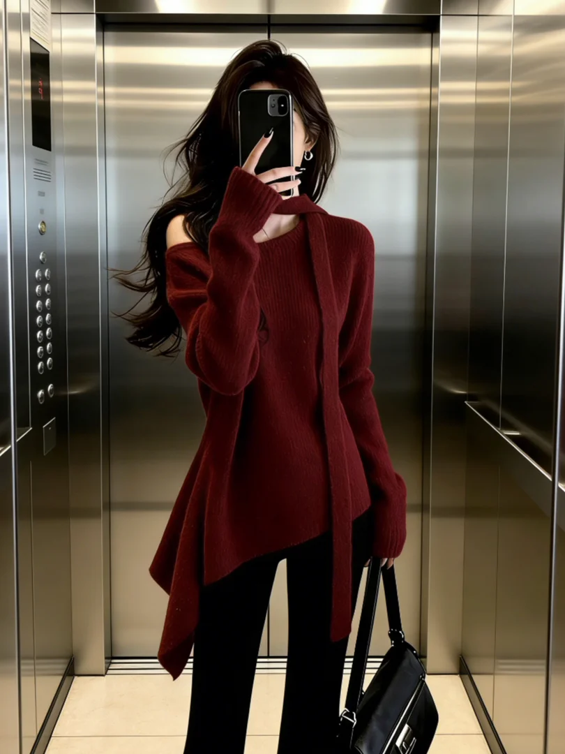 

Потрясающий вязаный топ для женщин, весна 2026, модный, роскошный, во французском стиле, с поясом, длинными рукавами, средней длины