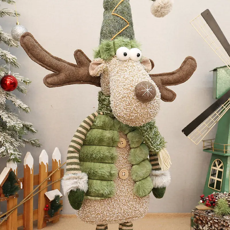 Christmas Green Plaid Reindeer Plush Doll Set Of 4 Antlers Striped Socks Festive Ornament Tabletop Home Display Gift Winter