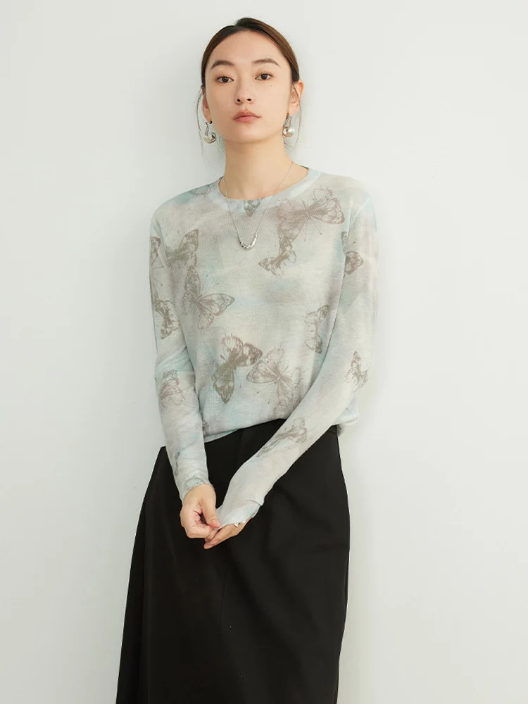 SuyaDream, Women Printed Pullovers, Wool Lyocell Blend, Round Collar, Plain Knit T shirts, 2024 Fall Winte Top