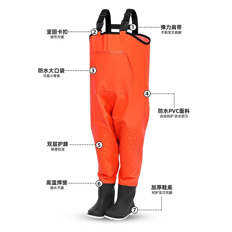 One-piece waterproof pants wading clothes rain pants rain boots integrated children's kindergarten playing water beach catc