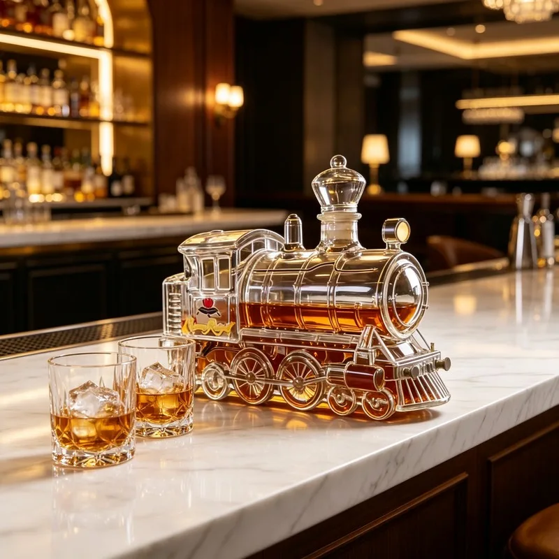 Unique Locomotive Shaped Glass Decanter Premium Wine Carafe for Whiskey Brandy Liquor Creative Home Bar Display