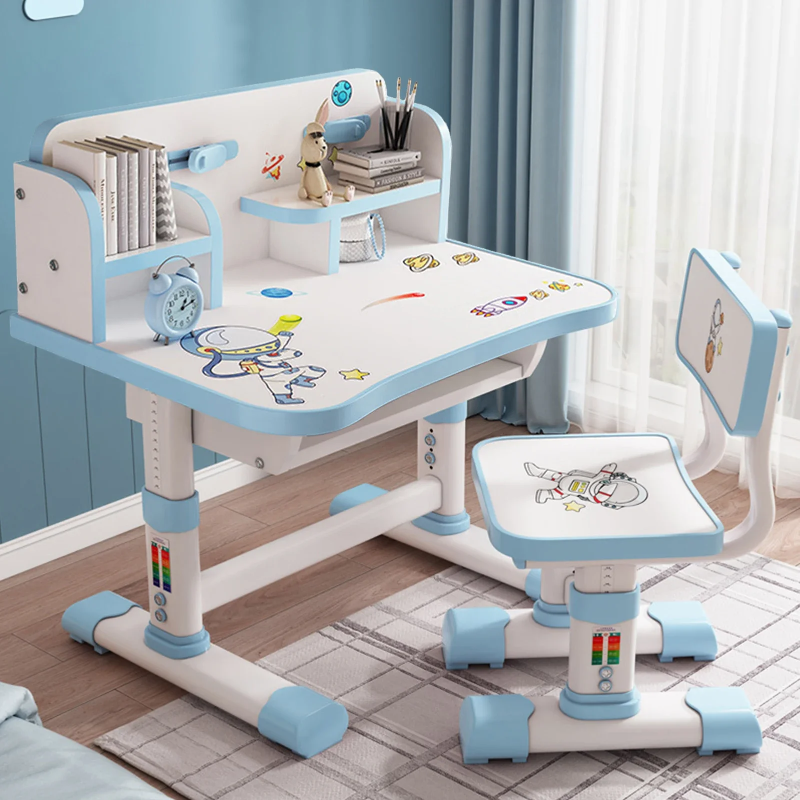 Height Adjustable Children School Study Table Chair Set with Cartoon Pattern, Ergonomic Desk Chair with Large Writing Board