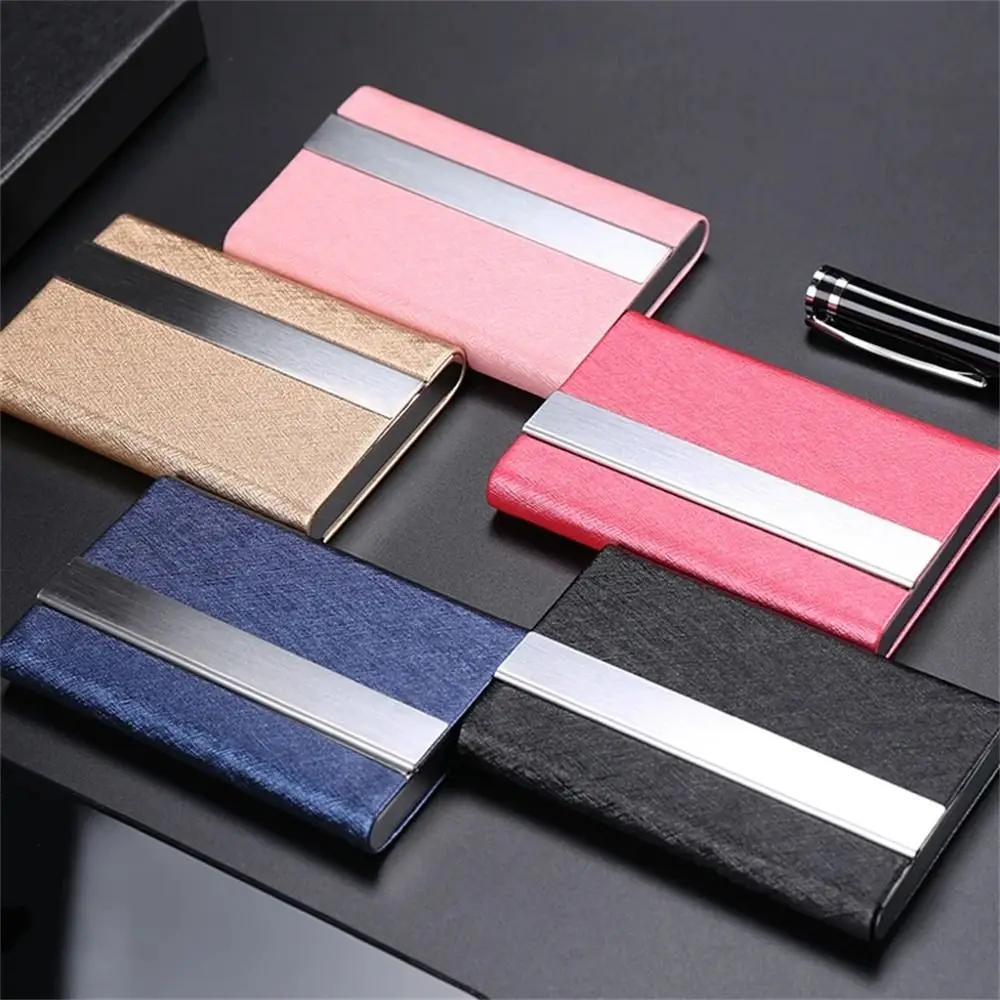 PU Leather Business Card Case Stainless Steel Slim Pocket Name Card Holder Card Organizer Magnetic Buckle ID Case Wallet