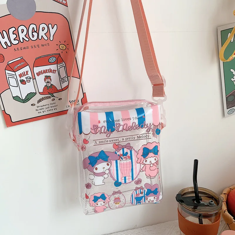 Sanrio Pvc przezroczysta torba na ramię Anime Crossbody Tote melodia Cinnamorol śliczne wodoodporne torby przezroczyste plecaki prezenty