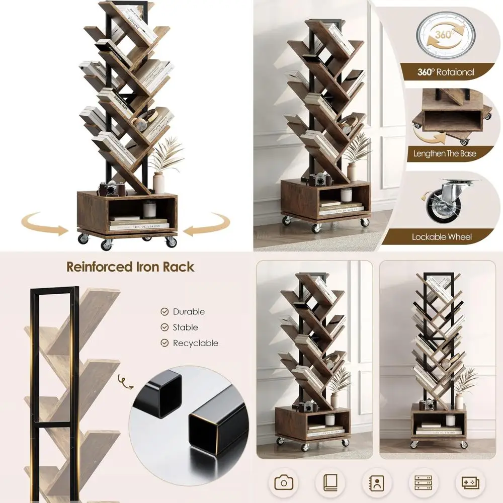 

Rustic Brown 14-Tier Rotating Bookshelf, 360° Swivel Storage for Books, DVDs, and Magazines in Small Spaces