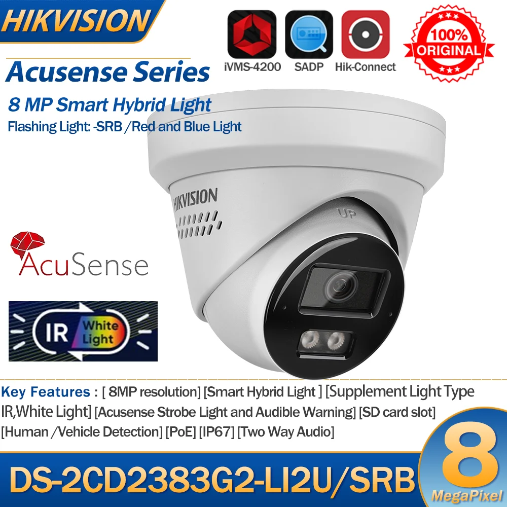 

Hikvision DS-2CD2383G2-LI2U/SRB 8MP IP Camera Acusense Smart Hybrid Light Arrayed Mic Speaker Turret Red and Blue Light Warning
