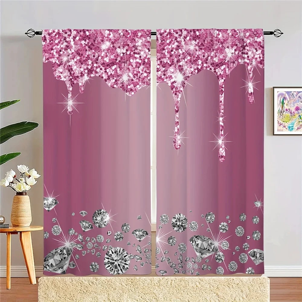 2pcs Shiny Silvery Water Drops Print Rod Pocket Curtains, Semi Blackout Decorative Curtains For Living Room Bedroom Office Home