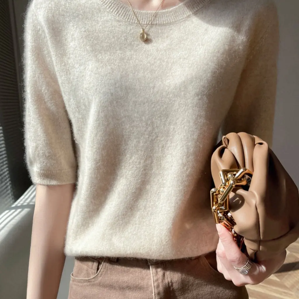 

Кашемировый вязаный женский топ с круглым вырезом и короткими рукавами, свободный крой, модная универсальная мягкая приятная для кожи нижняя футболка