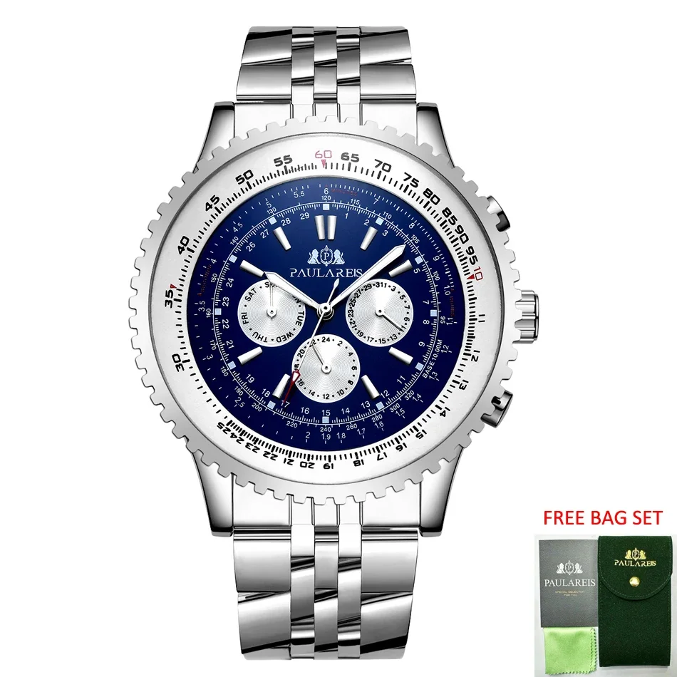 التلقائية الميكانيكية الذاتي الرياح الجلود أزياء رياضية أزرق أسود أبيض كبير 50mm أزياء الرجال ووتش