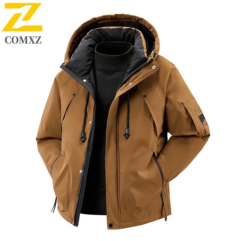 

COMXZ Men Winter Padded Jacket 2025 Classic Hooded Hiking Travel Wind Resistant Warm Parka Lightweight Camping Cold Proof Coats