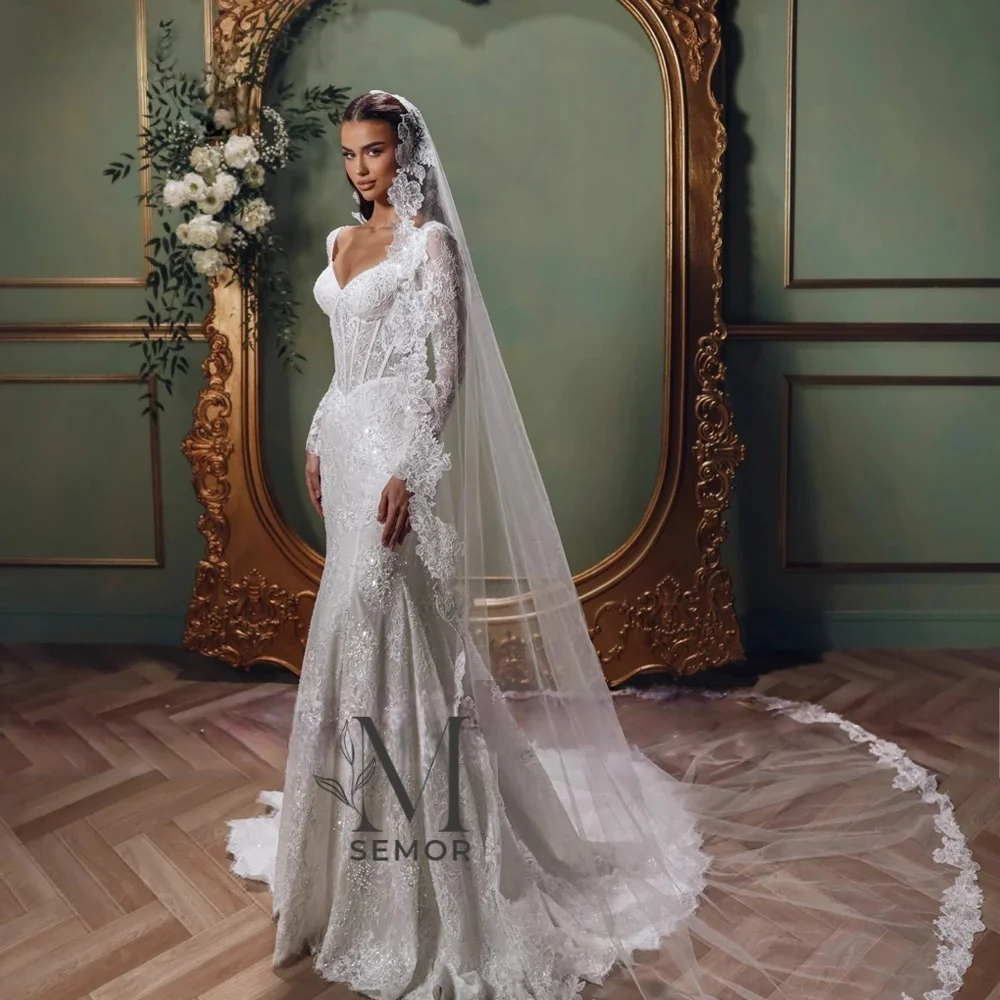 Semor Customized Mermaid Lace Wedding Dresses Illusion Long Sleeves Pearls Beaded Bridal Dress with Court Train Saudi Arabia image 3