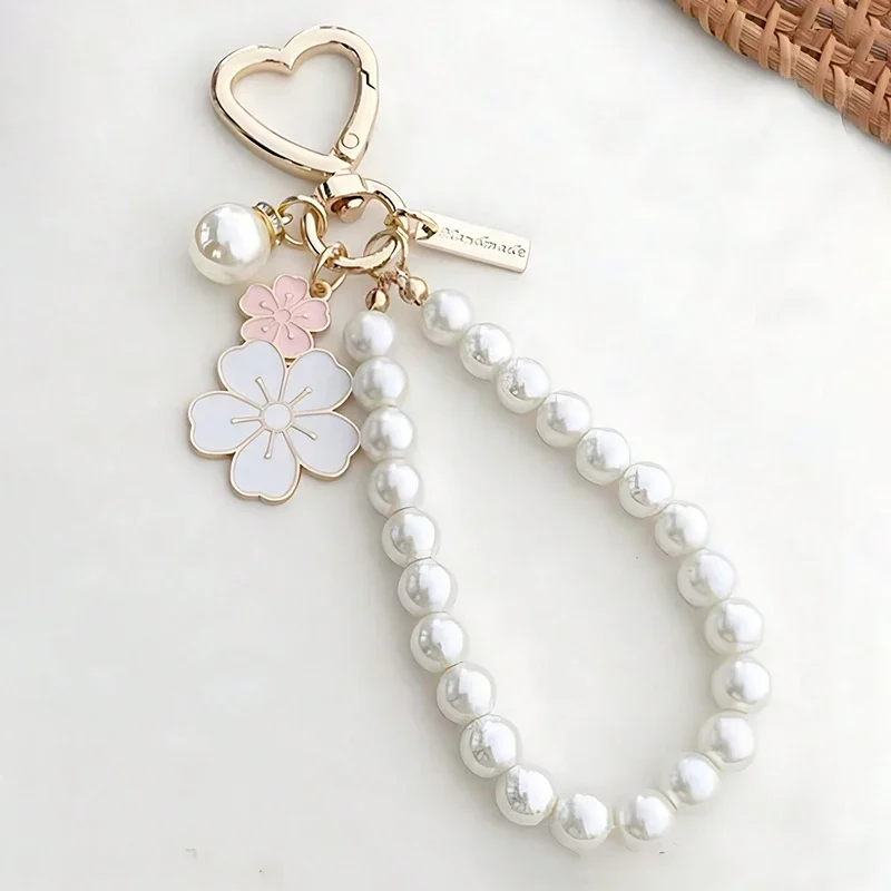 Lovely Cherry Blossoms Fan Keychain Pearl Chain Pendant Women Car Key Ring Headphone Case Charms Bag Decor Accessories