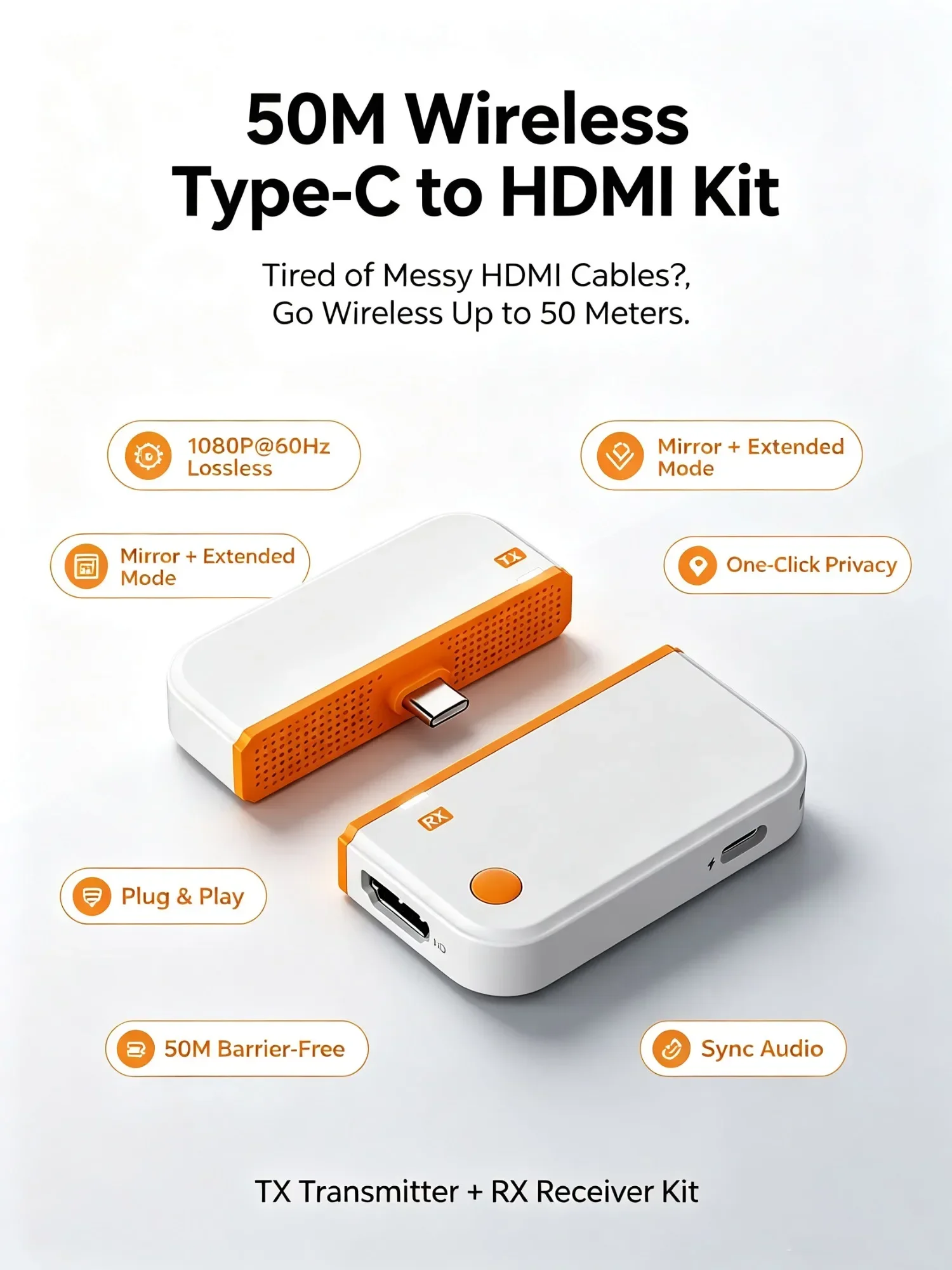 HDMI-Compatible Wireless Receiver 50M Type C Transmitter 1080P 60Hz Lossless Audio for Home Theater Gaming Exhibition