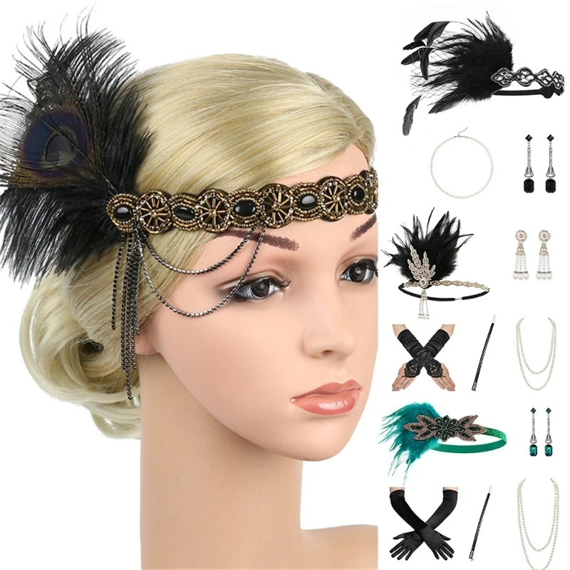 E15E Vintage Flapper Costume 1920s Women Great-Gatsby Headdress Gloves Earrings Necklace Prom Party Accessories Set