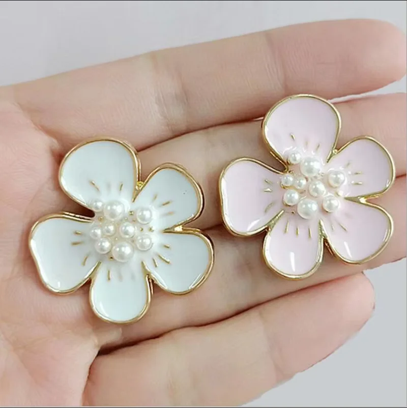 10PCS 3CM Pink White Flower Pearl Rhinestone Buttons Gold Alloy Flat Back Embellishment Button Decoration Accessories DIY Craft