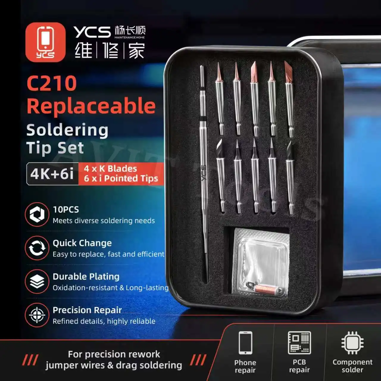 YCS MY Quick-Change Constant-Temperature Soldering Iron Set (C210 Series Tips) – Includes 10 Copper-Tungsten Alloy Tips