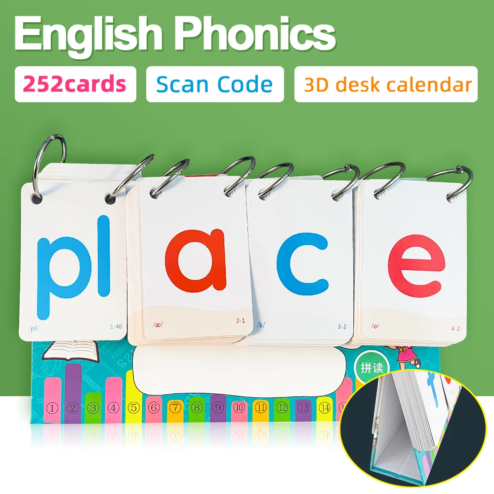 252pcs Children's Phonics Desk Calendar Card English Word Cards FlashCards Teaching aids kids learning toys educational