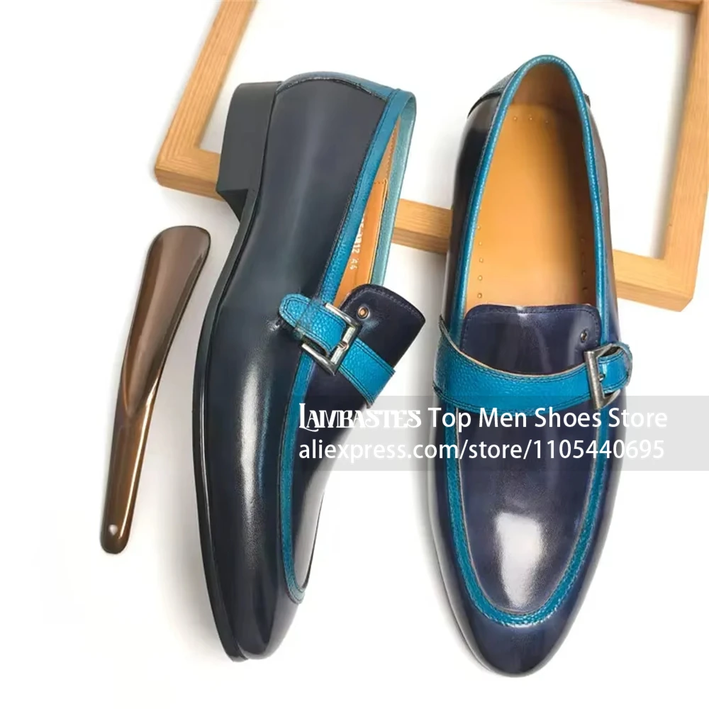 Navy Blue Contrast Buckle Penny Loafers Almond Toe Burnished Leather Metal Buckle Leather Shoes Business Casual Loafers for Men - view 5